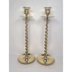 Pair Brass Baldwin Twisted Swirl  Candlesticks 10.5” Tall Barley MCM